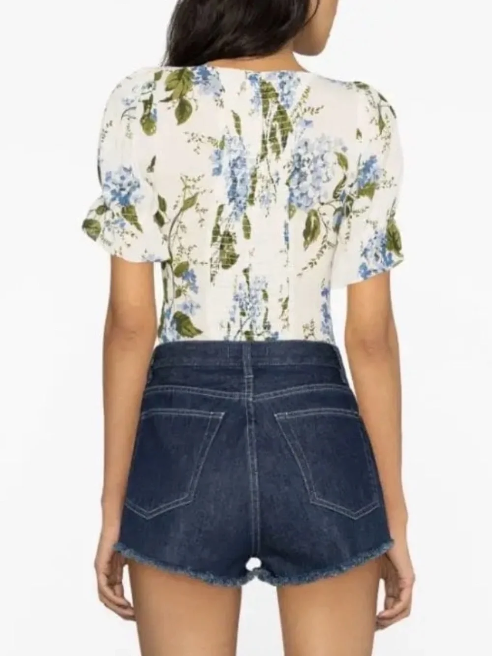 Reformation Constance Floral Print Puff Sleeve Top White Blue Green Size 0